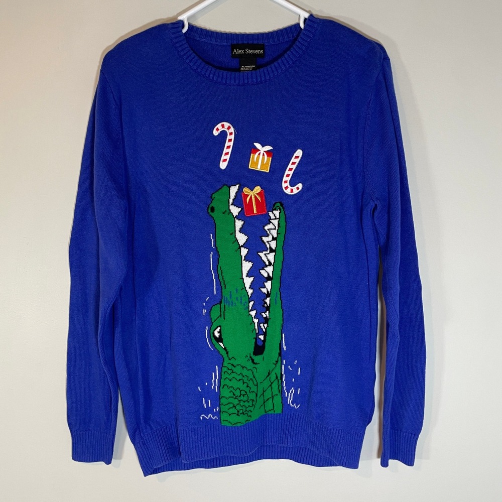 Alex Stevens Blue Alligator Eating Gifts Ugly Christmas Party Sweater XL Holiday